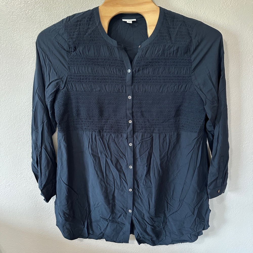 J.Jill Smocked Button Up Tunic Top Navy Blue Rayon Long Sleeve Blouse Womens‎ XL
